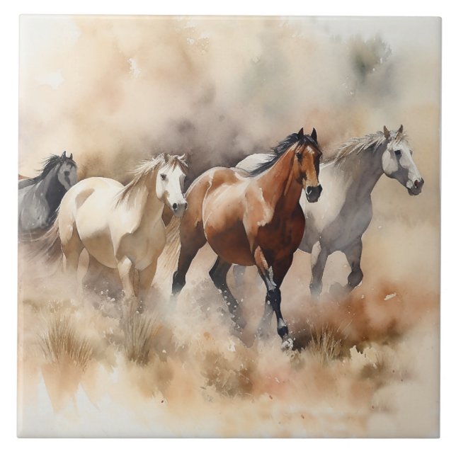 „Five Galloping Mustangs“ Staubige westliche Aquar Fliese (Vorderseite)