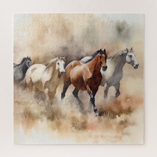 „Five Galloping Mustangs“ Staubige westliche Aquar Puzzle (Vertikal)