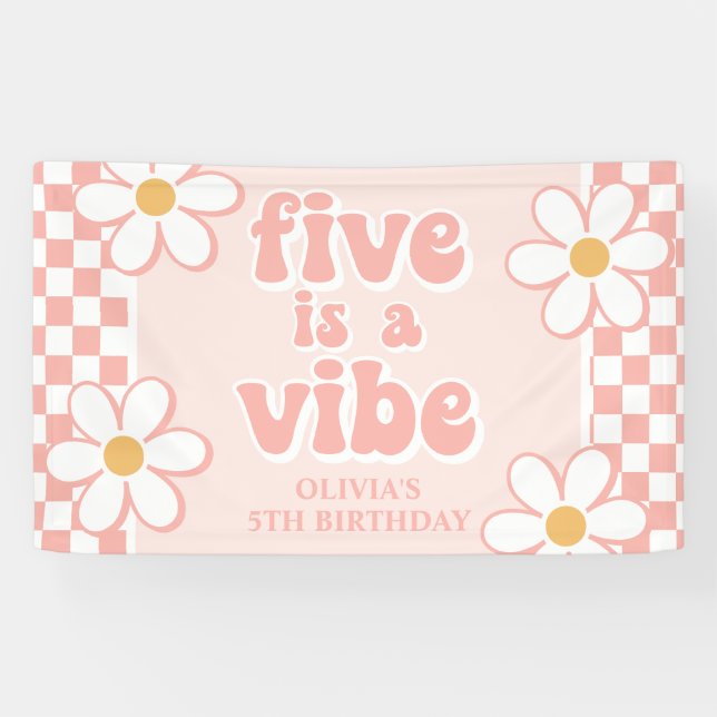 Five is a Vibe Pinke Gänseblümchen Karos Banner (Horizontal)