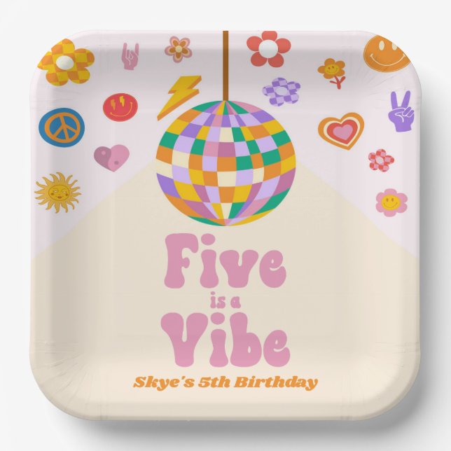 Five Is A Vibe Retro Disco Ball 5th Birthday Party Pappteller (Vorderseite)
