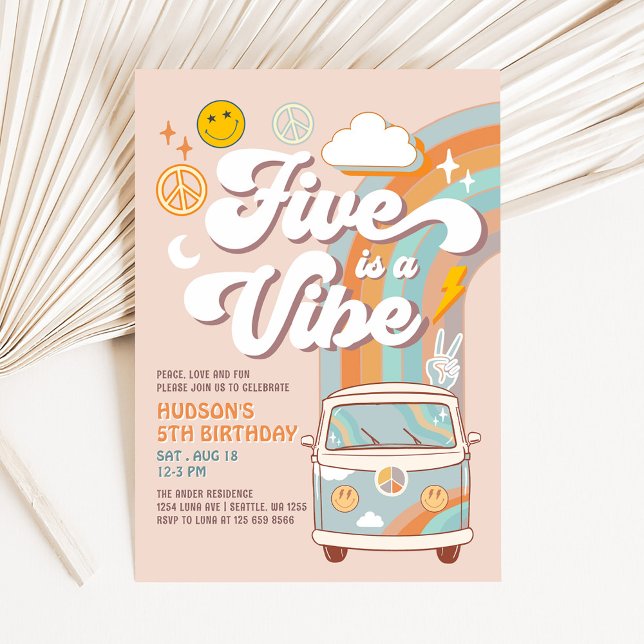 Five ist A Vibe Hippie 70's Retro Boy 5. Geburtsta Einladung (Von Creator hochgeladen)