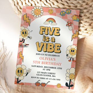 Five ist ein Vibe Daisy & Retro Van Pink 5. Geburt Einladung
