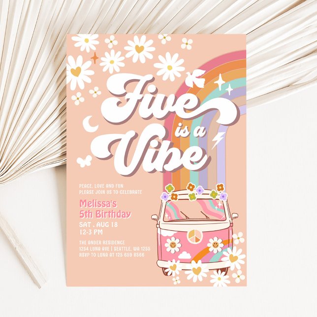 Five ist ein Vibe Groovy Hippie Daisy 5. Geburtsta Einladung (Von Creator hochgeladen)