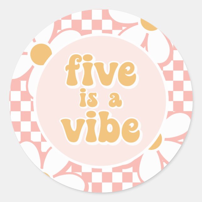 Five ist ein Vibe Pink Daisy Schachbrett Runder Aufkleber (Vorderseite)