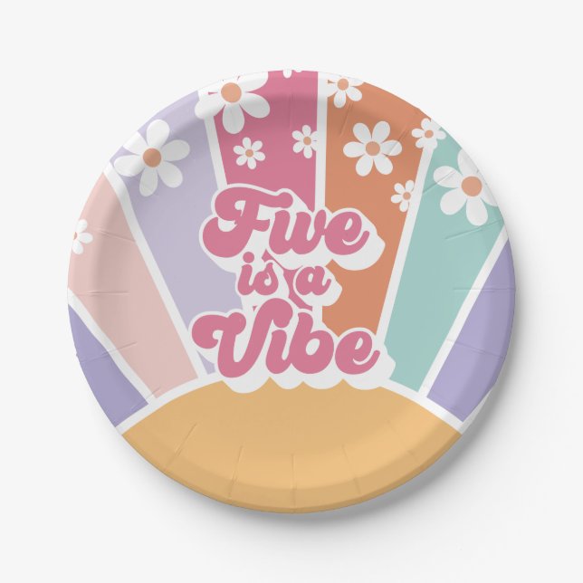 Five ist eine Vibe Retro Sunshine Rainbow Daisy Pappteller (Vorderseite)