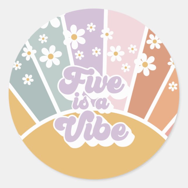 Five ist eine Vibe Retro Sunshine Rainbow Daisy Runder Aufkleber (Vorderseite)