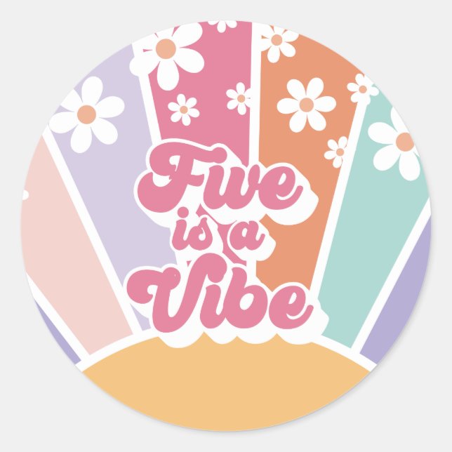 Five ist eine Vibe Retro Sunshine Rainbow Daisy Runder Aufkleber (Vorderseite)