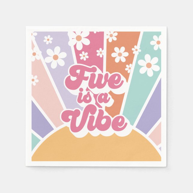 Five ist eine Vibe Retro Sunshine Rainbow Daisy Serviette (Vorderseite)