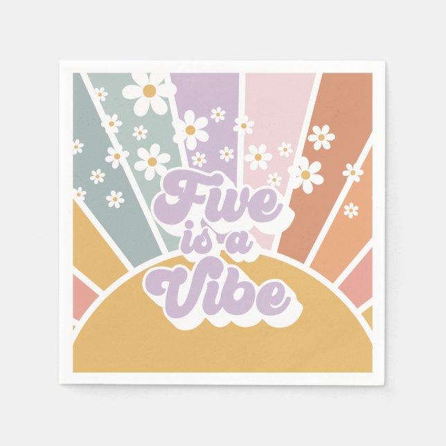 Five ist eine Vibe Retro Sunshine Rainbow Daisy Serviette (Vorderseite)