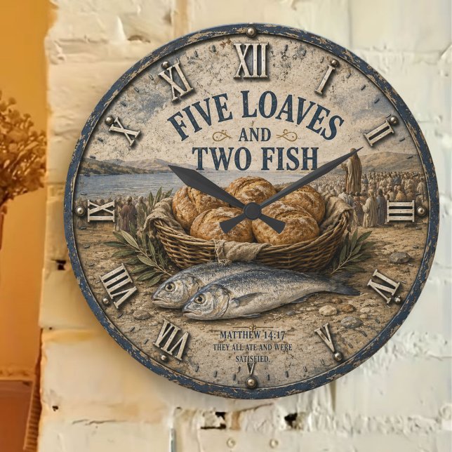 Five Loaves and Two Fish Bible Christ Große Wanduhr (Von Creator hochgeladen)