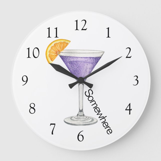 Five O'Clock Somewhere Purple Martini Large Clock Große Wanduhr (Vorderseite)