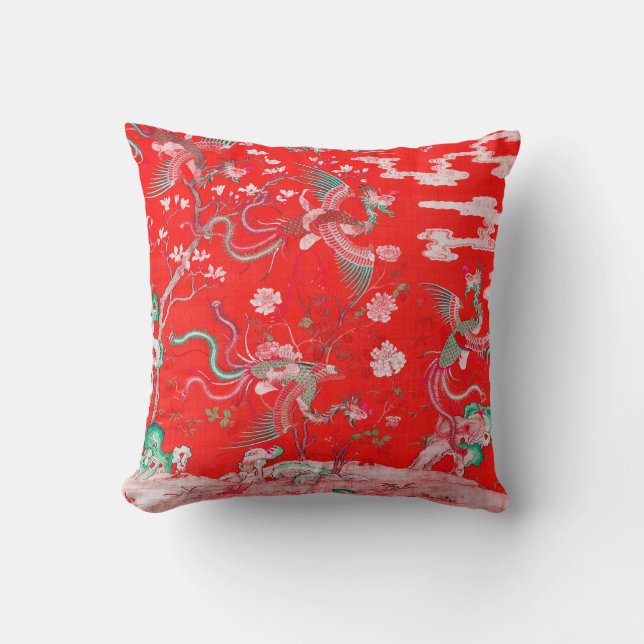 Five Phoenixes in Garden Chinese Red Floral  Kissen (Vorderseite)