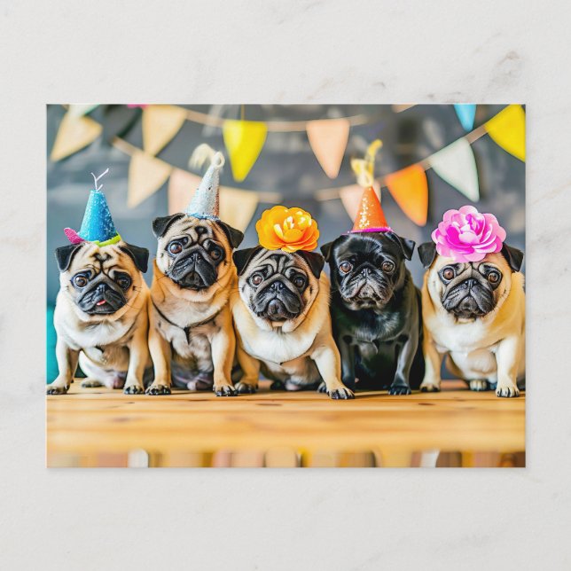 Five Pugs with Party Hats Together Postkarte (Vorderseite)
