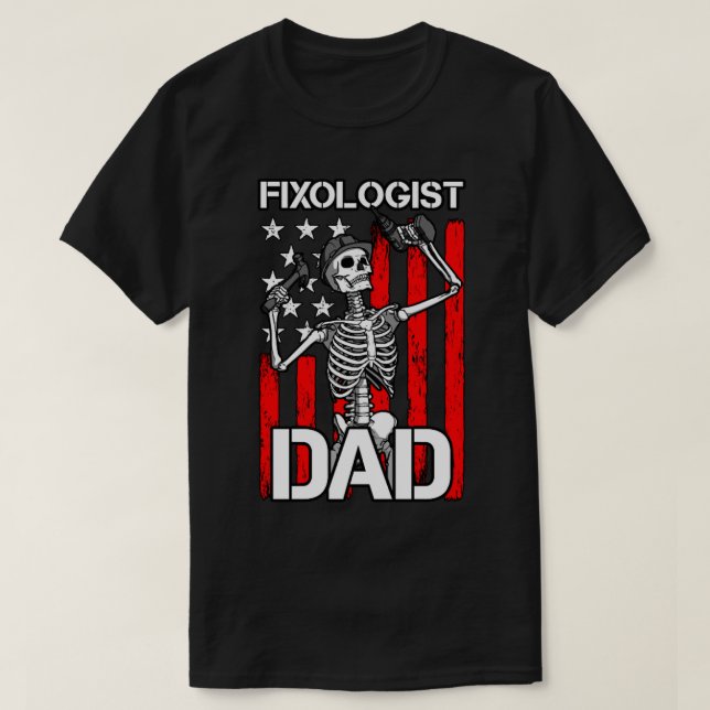Fixologe Vater Skeleton USA Flag Holzbearbeitungsk T-Shirt (Design vorne)