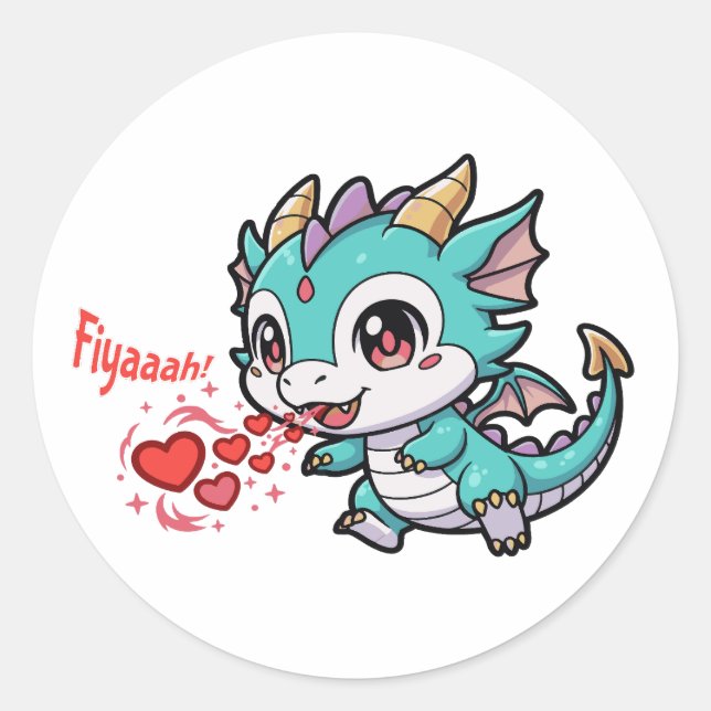 Fiyaaah Cute Baby Dragon Chibi Anime Kawaii Heart Runder Aufkleber (Vorderseite)