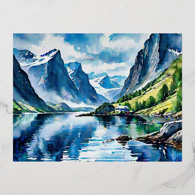 Fjord Landschaft Aquarellmalerei Folien Feiertagspostkarte (Vorderseite)