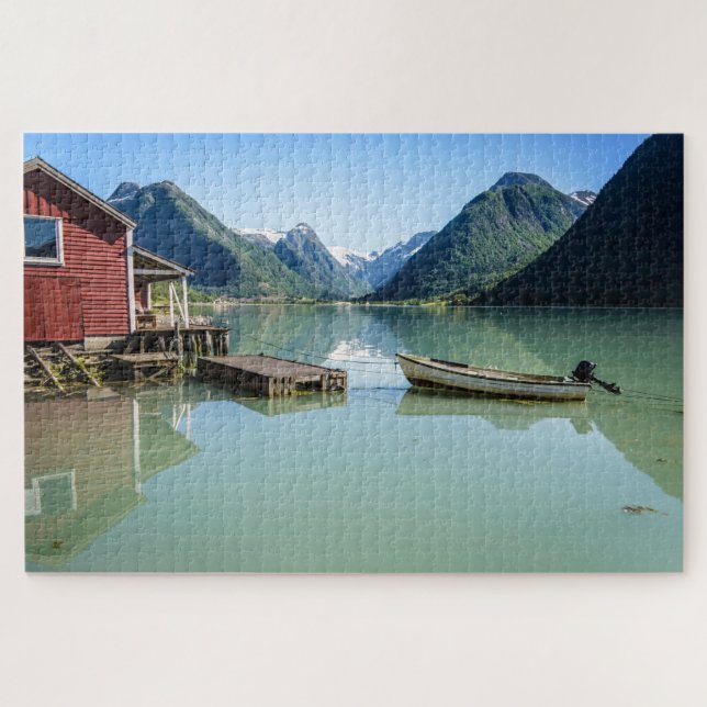 Fjordlandschaft mit Boot in Norwegen Puzzle (Horizontal)