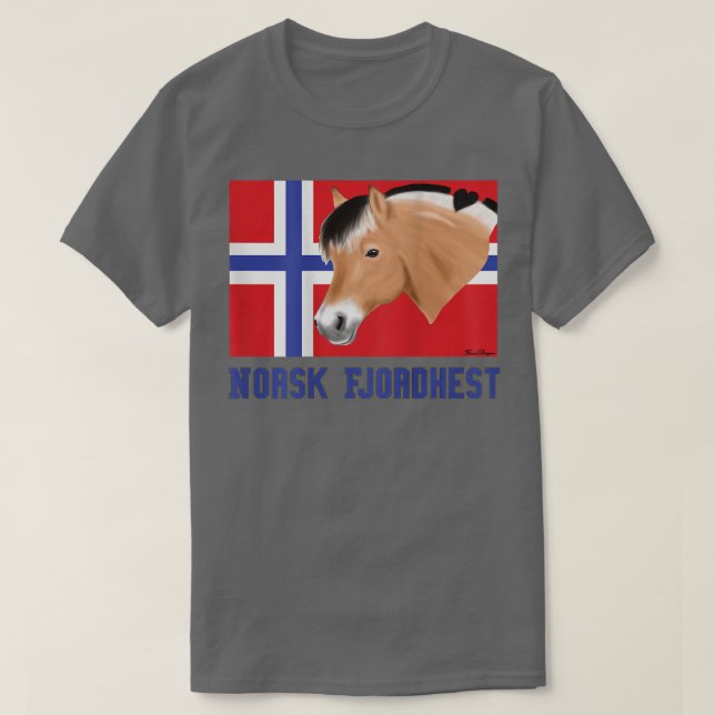 Fjordpferd mit norwegischer Flagge, Ponyfan, niedl T-Shirt (Design vorne)