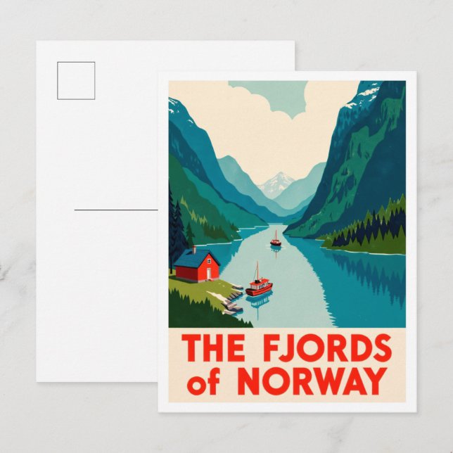 Fjords Norway Art vintage Travel Postkarte (Vorne/Hinten)