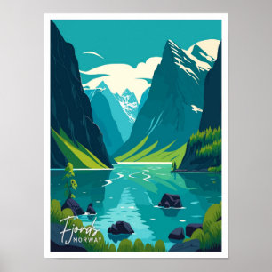 Fjords Norwegen Art Travel Vintage Illustration Poster