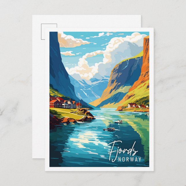 Fjords Norwegen Vintage Reise Illustration Postkarte (Vorne/Hinten)