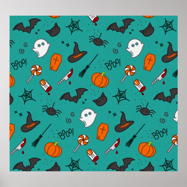 Flach-Style Halloween türkisfarbenes Muster. Poster (Vorne)