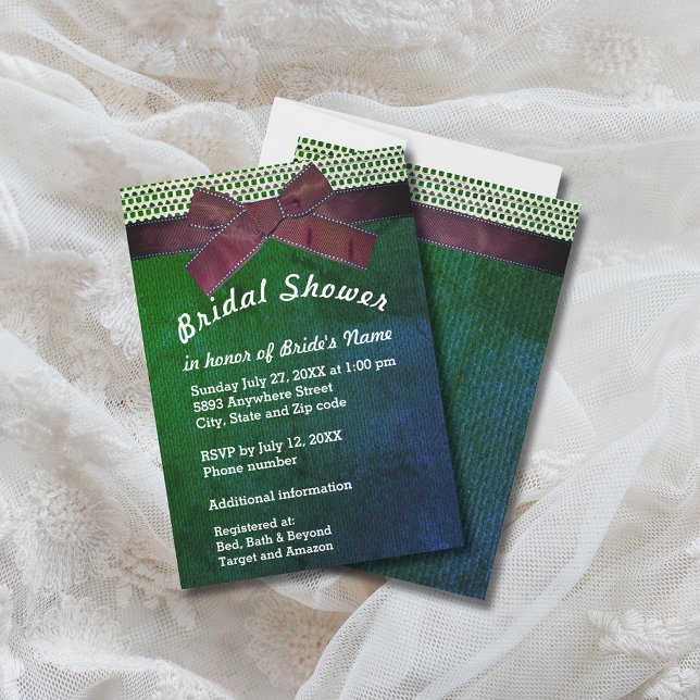 Flachband, Spitzen, grünes und blaues Burlap-Braut Einladung (Ribbon, Lace, Green & Blue Burlap Bridal Shower Invitation)