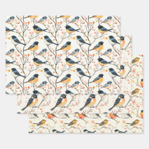 Flachblatt-Set für 3 Wasserfarben-Vogel Geschenkpapier Set