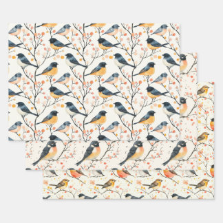 Flachblatt-Set für 3 Wasserfarben-Vogel Geschenkpapier Set