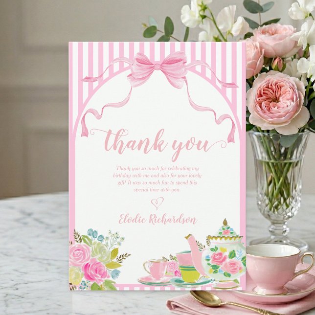 Flache Dankeskarten Dankeskarte (let's par-tea pink coquette bow floral stripe custom birthday party thank you card)