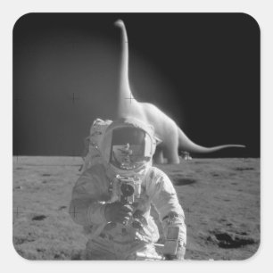 Flache Erdaufkleber: Dinosaurier auf dem Mond Quadratischer Aufkleber