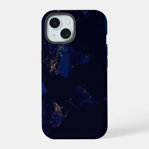 Flache Karte der Erde mit Stadtlichtern der Welt iPhone 15 Hülle