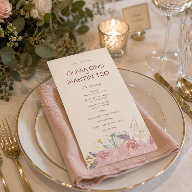 Flache Karte Elegante Florale Hochzeits-Programm-E (Elegant Floral Wedding Ceremony Program for Romantic Reception Table Styling)