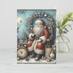 Flache nicht-fotografische Vintage-Blue-Santa-Weih Feiertagskarte