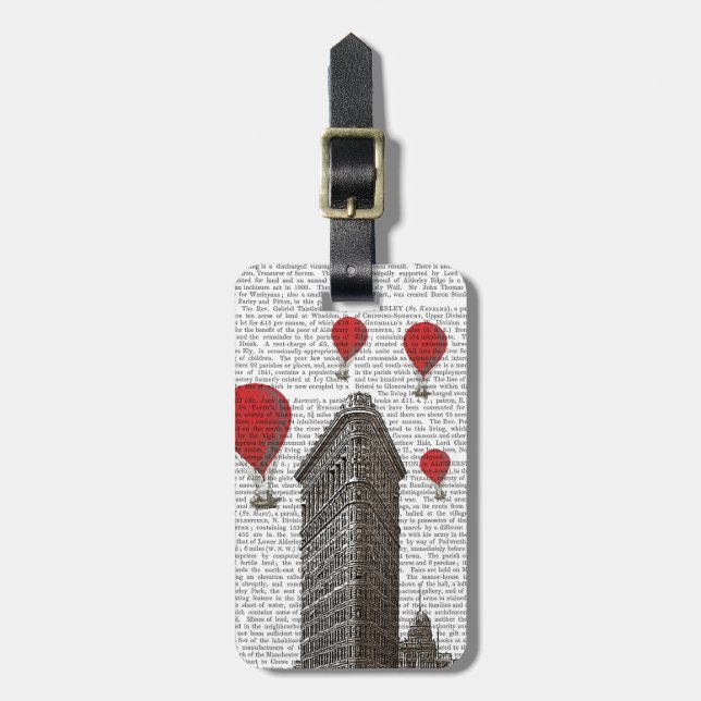 Flacheisen-Gebäude und Rot-Heißluftballons Gepäckanhänger (Vorderseite vertikal)