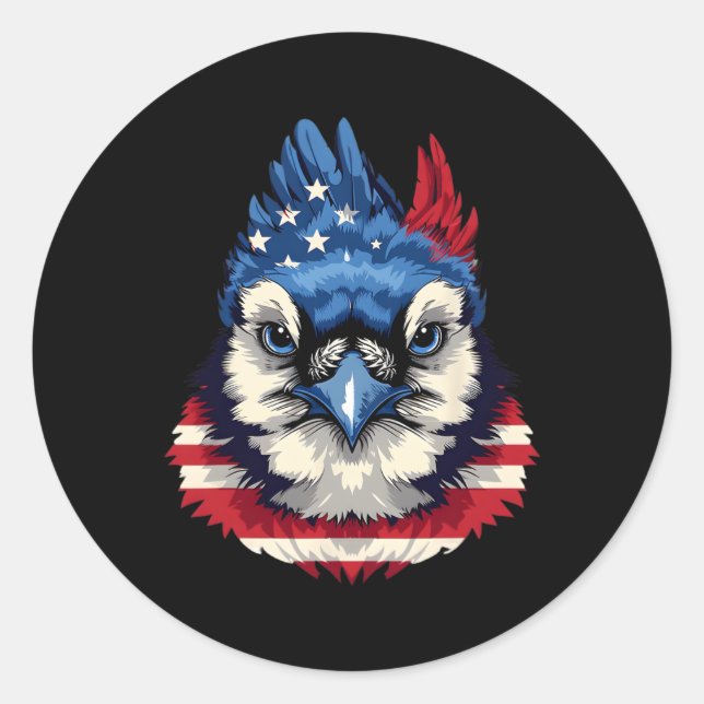 Flag Blue Jay Patriotic Bird Face 4. Juli Runder Aufkleber (Vorderseite)