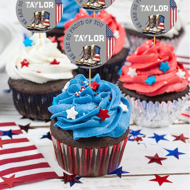 Flag-GRAY für Militärstiefel, die das Party abholt Runder Aufkleber (Gray patriotic US flag combat boots proud personalized name army military party cupcake pick sticker)