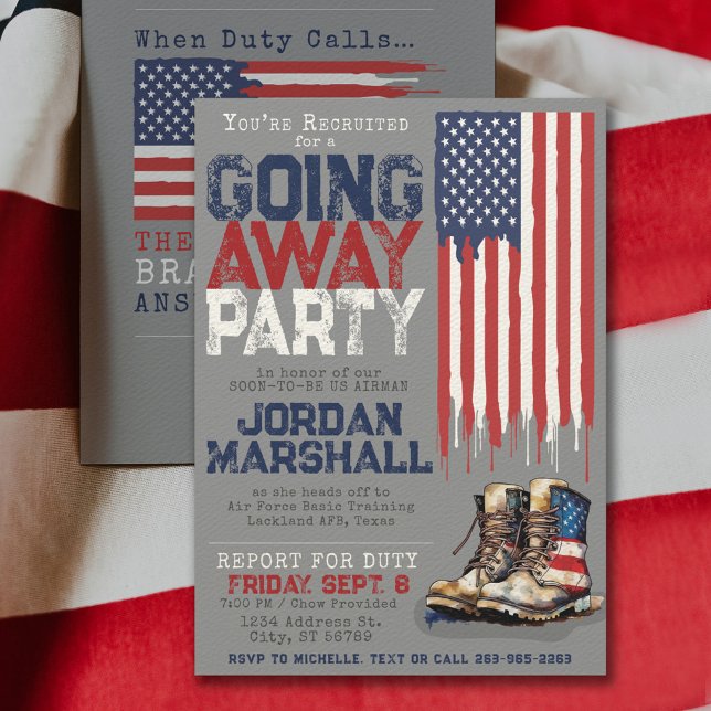 Flag-GRAY für Militärstiefel geht weg Farewell-Par Einladung (Military going away farewell party invitation front and back with vintage combat boots & drip flag)