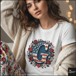 Flag Letter G Roses Wreath Monogram T-Shirt