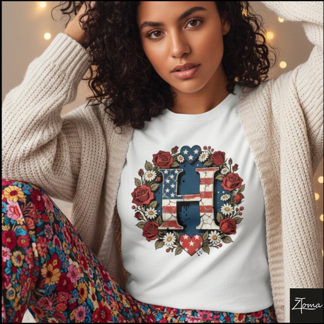 Flag Letter H Roses Wreath Monogram T-Shirt (Sample design. Several style are available to choose from, with the option to add a name & color.
)