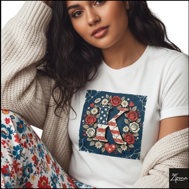 Flag Letter K Roses Heart Wreath T-Shirt (Sample design. Several style are available to choose from, with the option to add a name & color.
)