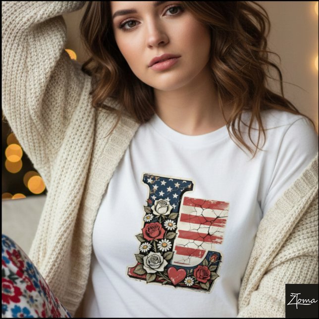 Flag Letter L Roses Heart Monogram T-Shirt (Sample design. Several style are available to choose from, with the option to add a name & color.
)