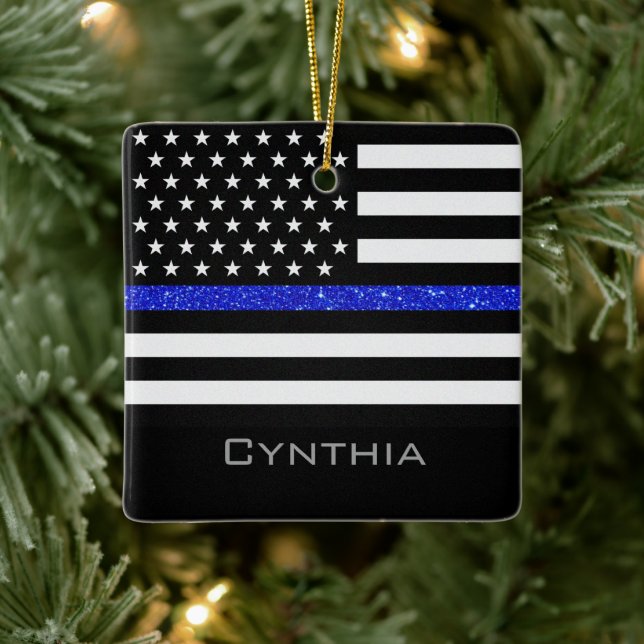 Flag "personalisiert Thin Blue Line Glitzer" Keramikornament (Baum)