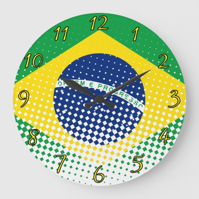 Flagge Brasiliens mit Halftone-Effekt Große Wanduhr (Vorderseite)
