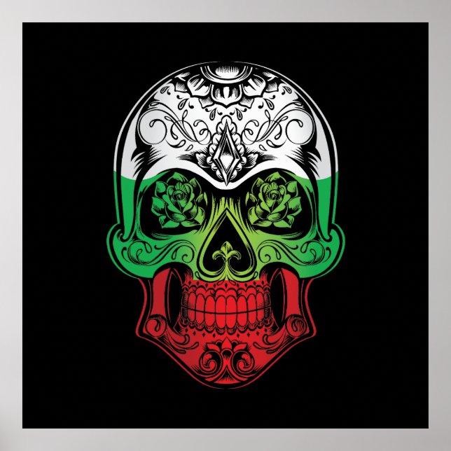 Flagge Bulgariens - Schädel und Rose Poster (Vorne)