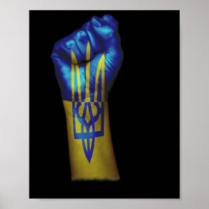 Flagge der Ukraine + Dreizack auf einer erhobenen Poster
