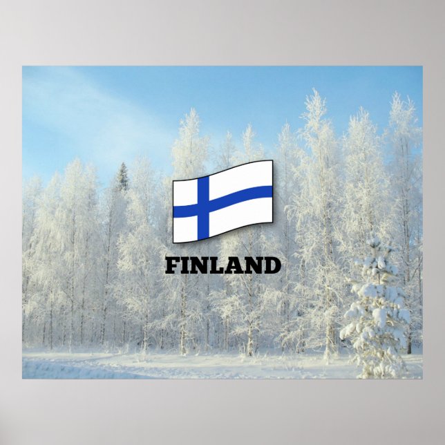 Flagge Finnlands, schneebedeckte Kiefernbäume Poster (Vorne)