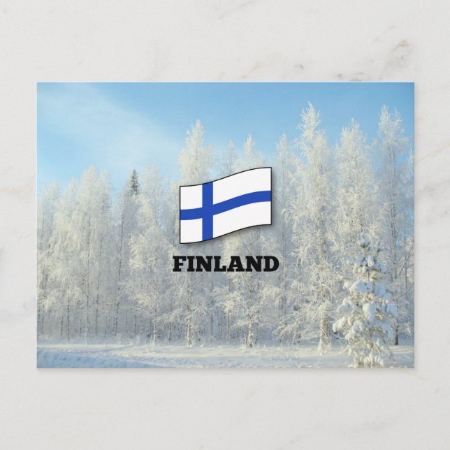Flagge Finnlands, schneebedeckte Kiefernbäume Postkarte (Vorderseite)