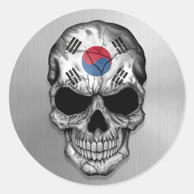 Flagge Südkoreas auf einem Stahlschädel Runder Aufkleber (Vorderseite)