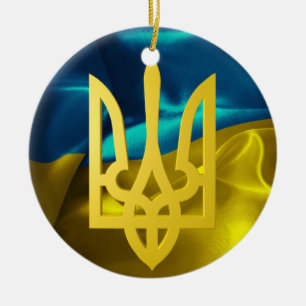 Flagge Ukraine 3D und Tryzub Weihnachtsverzierung Keramikornament